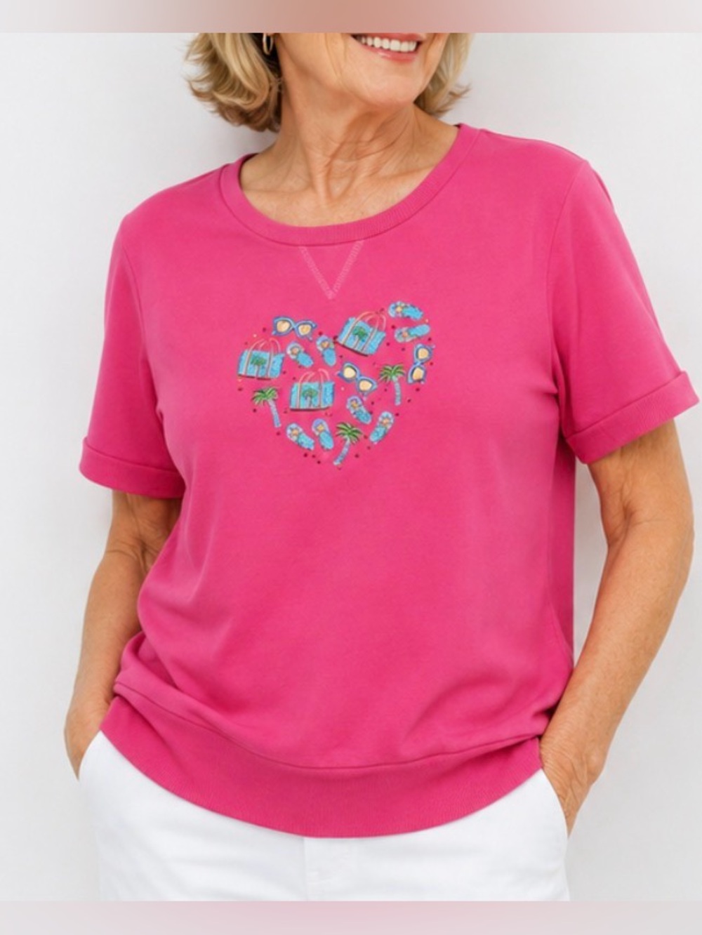 Quacker Factory Pink Cotton top with Beach/Vacation inspired design‎ Medium